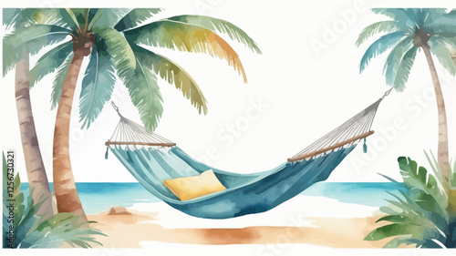 Tropical watercolor hammock with pillow on a sandy beach between palm trees, perfect for summer vacation designs and posters.