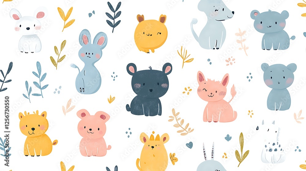 Fototapeta premium Adorable seamless pattern featuring cute cartoon animals and floral elements on white background.