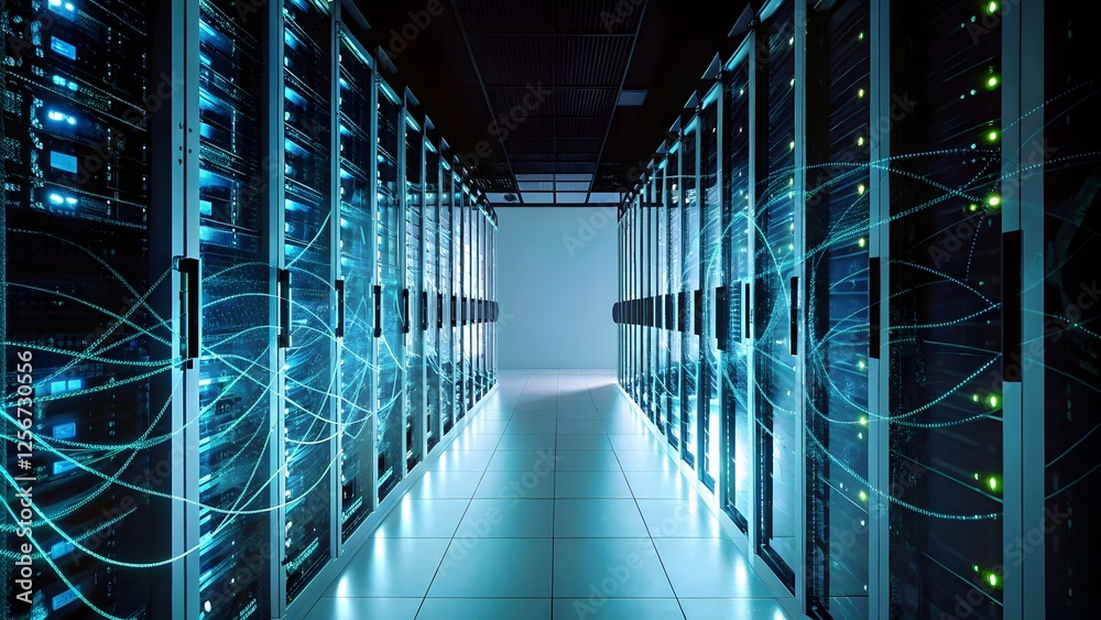 Fototapeta premium High tech server room with glowing blue data strea