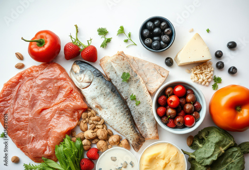 A vibrant display of low carb foods for a ketogenic diet includes meats, vegetables, nuts, and fruits, promoting a healthy lifestyle choice.