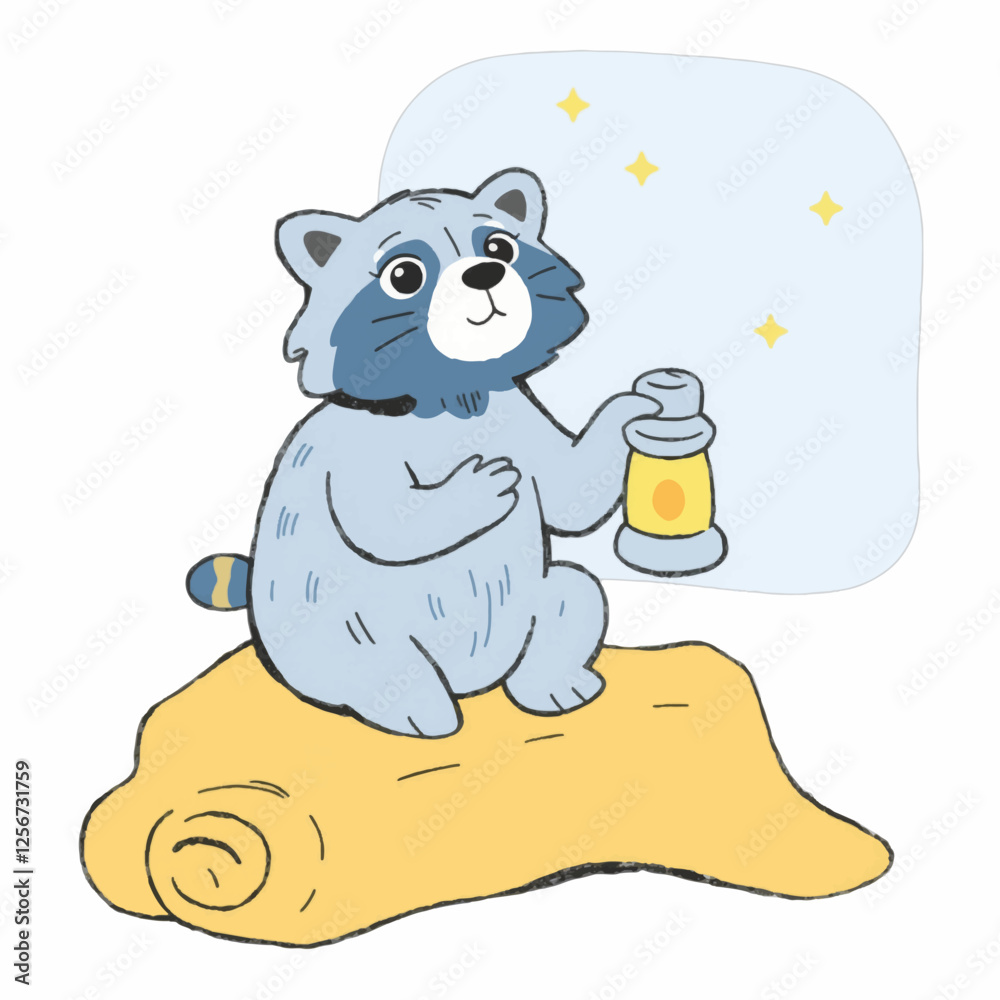 Fototapeta premium Illustration of a Raccoon Sitting on a Wooden Log with a Lantern, Perfect for Forest and Wildlife Designs
