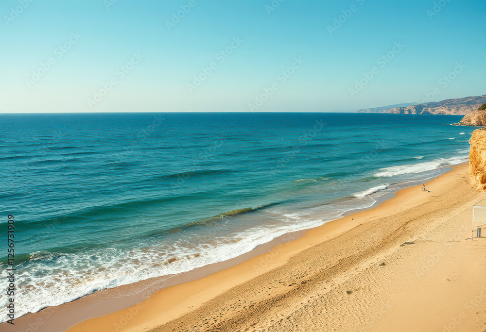 Bright sun casts a warm glow on the golden sandy beach as calm waves gently lap at the shore, offering a serene coastal atmosphere. Bright sun casts a warm glow on the golden sandy beach as calm waves gently lap at the shore, offering a serene coastal atmosphere.