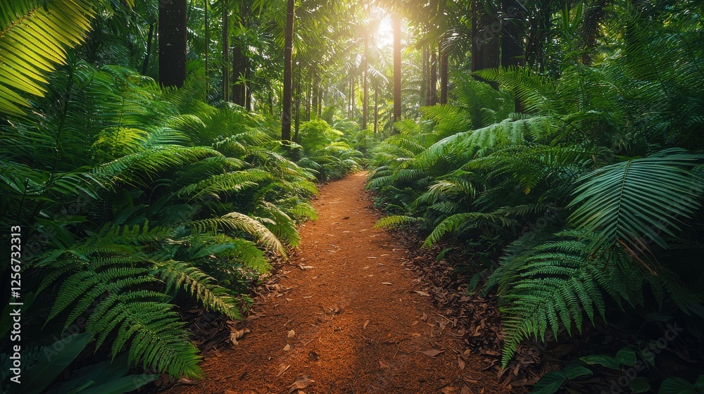 Fototapeta premium Sunlit Jungle Path Through Lush Green Foliage