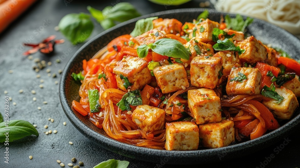 Colorful tofu stir-fry with vegetables on a black plate, garnished with fresh herbs and spices Colorful tofu stir-fry with vegetables on a black plate, garnished with fresh herbs and spices