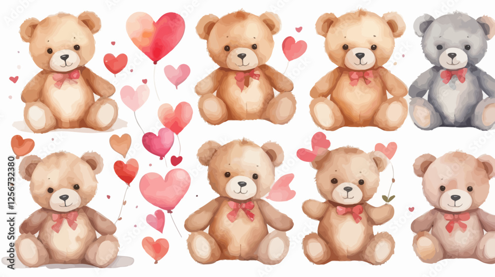 Watercolor teddy bears with hearts in soft pastel tones. A cute and charming design perfect for Valentine’s Day and children’s decor. Watercolor teddy bears with hearts in soft pastel tones. A cute and charming design perfect for Valentine’s Day and children’s decor.