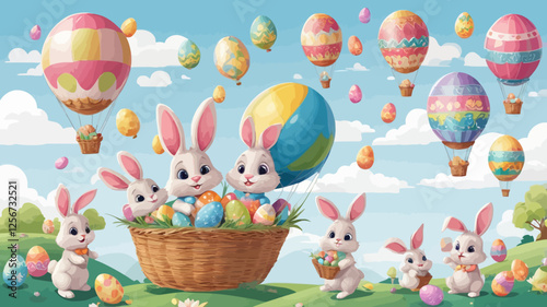 A group of Easter bunnies with colorful hot air balloons and eggs in a dreamy spring landscape. A cheerful and playful watercolor artwork.