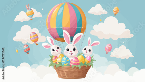 Three adorable Easter bunnies floating in a basket with pastel hot air balloons. A magical and festive watercolor artwork.