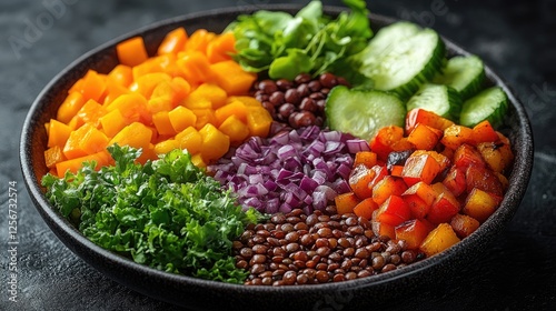 Vibrant salad bowl featuring fresh vegetables and legumes arranged artistically on a dark surface