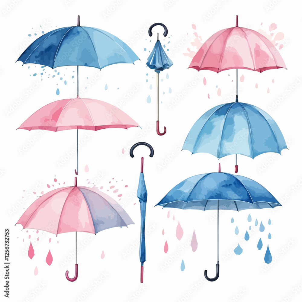 Set of watercolor umbrellas in pastel tones with raindrop elements. Artistic and dreamy composition for rainy season themes. Set of watercolor umbrellas in pastel tones with raindrop elements. Artistic and dreamy composition for rainy season themes.