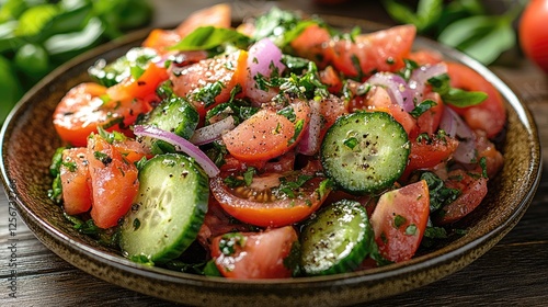 Fresh vegetable salad with tomatoes, cucumbers, and onions garnished with herbs on a wooden table