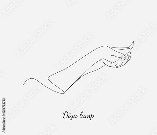 Continuous one line drawing of hand holding diya lamp light