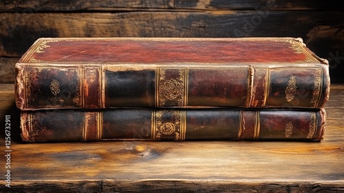 Two vintage leather-bound books resting on a rustic wooden surface, conveying a sense of history
