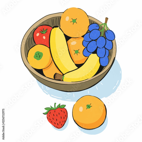 Hand Drawn Fruit Bowl with Orange, Grape, Apple, Banana, and Strawberry