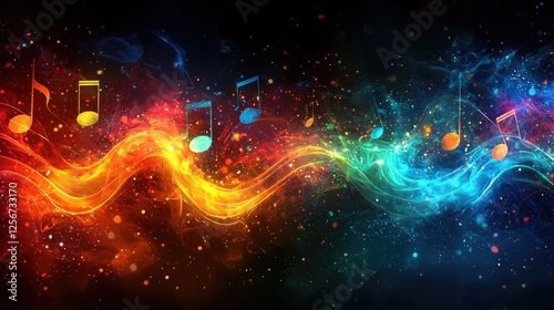 Colorful musical notes flowing through a vibrant abstract background with swirling light effects
