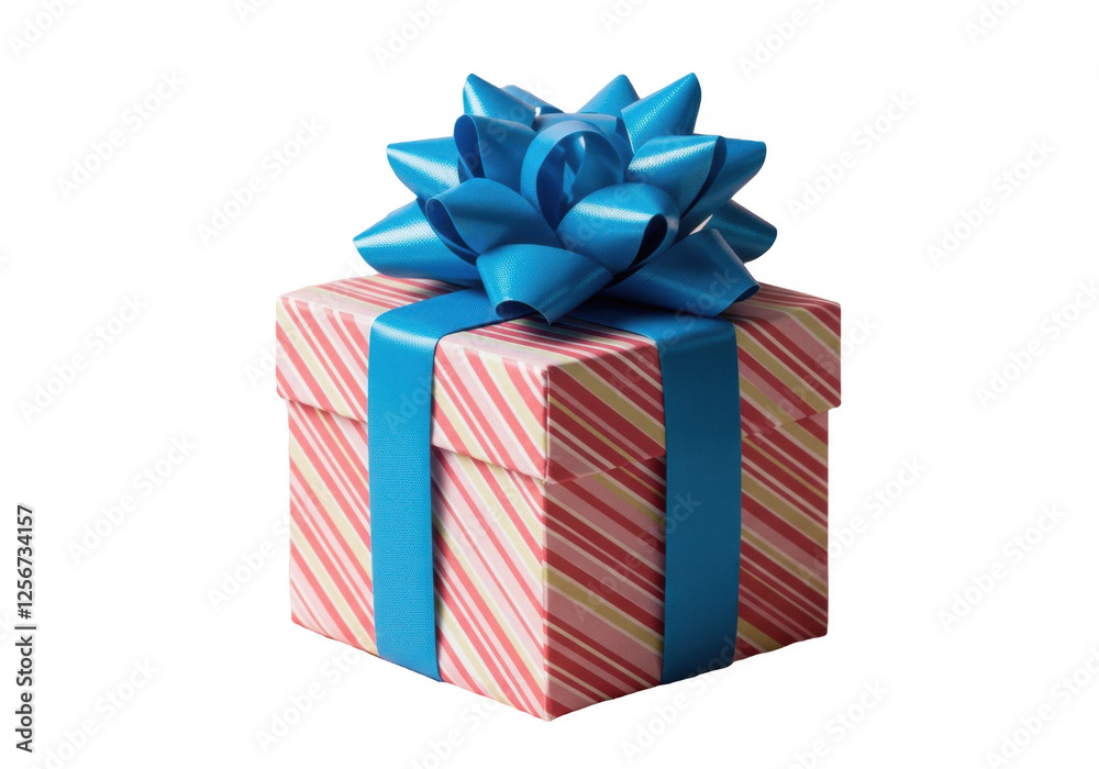 Obraz premium Charming Striped Gift Box with Glossy Blue Bow. Isolated on transparent background, png.