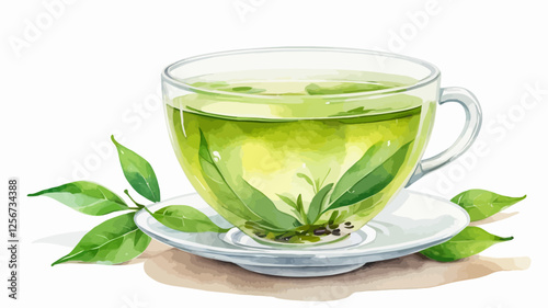 A beautifully detailed watercolor painting of a transparent glass teacup filled with green tea and floating fresh leaves. Perfect for herbal and wellness-themed projects.