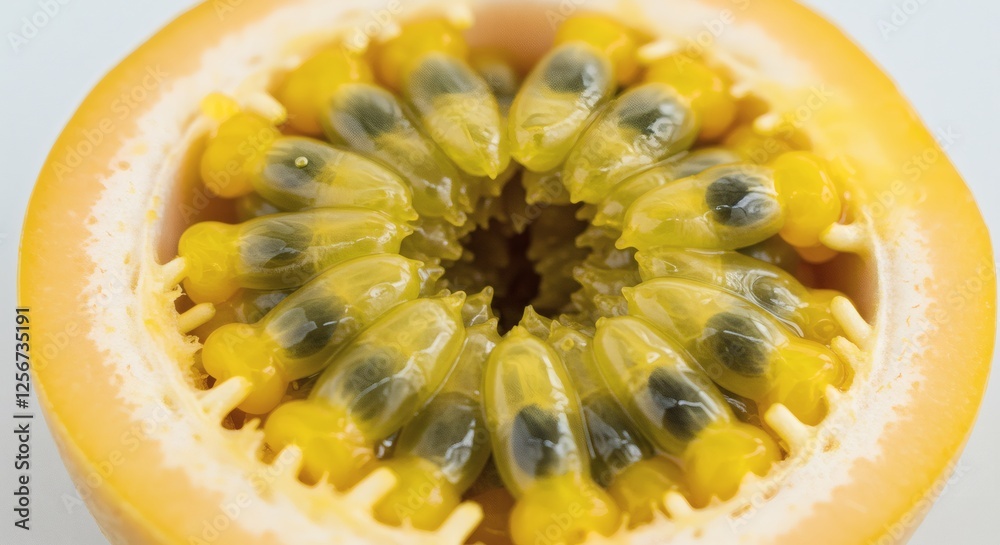 Close-up of Fresh Passion Fruit Revealing Vibrant Yellow Pulp and Seeds Close-up of Fresh Passion Fruit Revealing Vibrant Yellow Pulp and Seeds