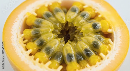 Close-up of Fresh Passion Fruit Revealing Vibrant Yellow Pulp and Seeds photo