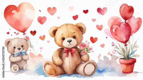 Watercolor illustration of teddy bears holding heart-shaped balloons. A cute and romantic Valentine’s Day composition.