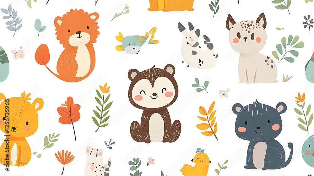 Obraz premium Adorable cartoon animals and floral elements seamless pattern.