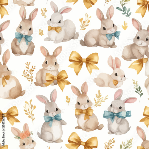 Seamless watercolor pattern of adorable rabbits with golden bows, surrounded by delicate floral elements. A charming and elegant Easter-themed design.