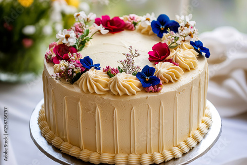 Elegant floral cake with buttercream roses and decorative piping on a silver platter photo