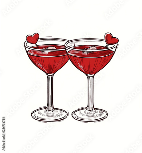 Romantic Valentine’s Day Cocktail Illustration - Red Drinks with Heart Decorations in Elegant Sketch Style