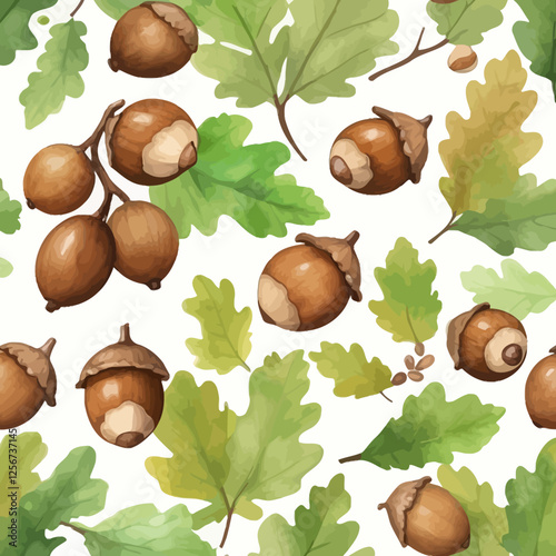 Seamless watercolor pattern of acorns and oak leaves. A natural autumn-themed hand-painted design.