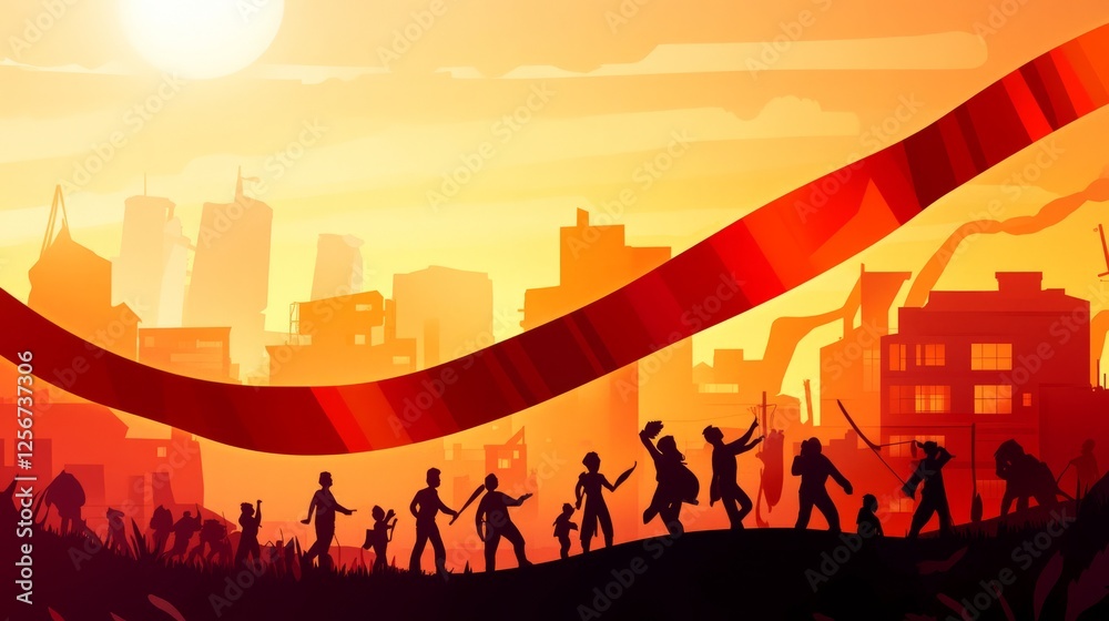 Fototapeta premium Vibrant red ribbon with golden wheat sheaves, symbolizing unity and prosperity in an industrial cityscape. 