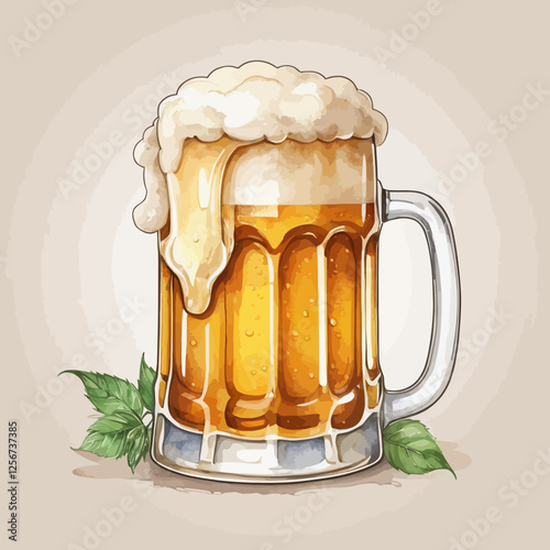 Watercolor illustration of a beer mug with frothy foam. A realistic and artistic representation of a refreshing cold drink.