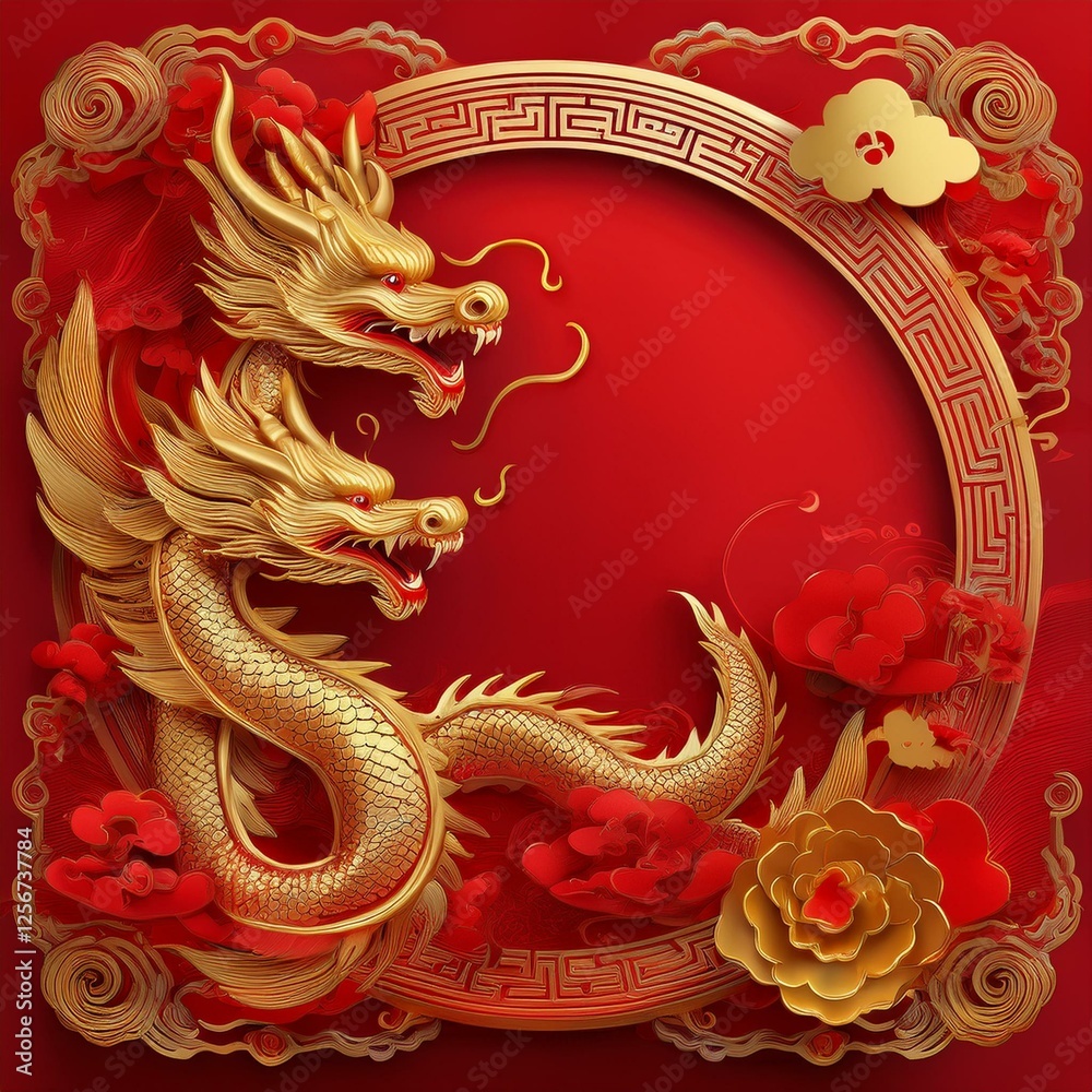Obraz premium elegant dragon border frame with floral design with copy space for text graphic resource