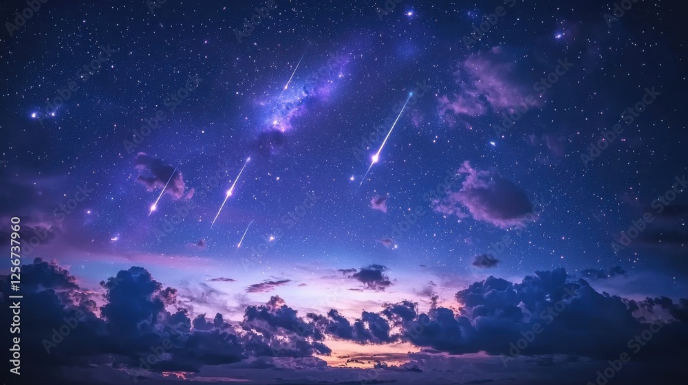 Fototapeta premium Bright blue sky with a single shooting meteor streaking through the atmosphere at dusk