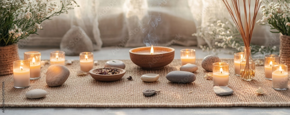 Fototapeta premium Lit candles, incense, and stones arranged on a natural mat, creating a serene atmosphere for meditation, mindfulness, and relaxation