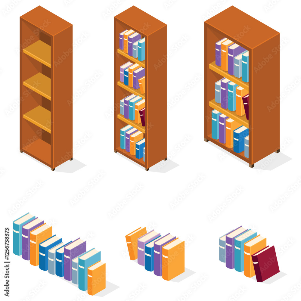 A vector illustration of an Isometric library bookshelf wooden case cabinet furniture A vector illustration of an Isometric library bookshelf wooden case cabinet furniture