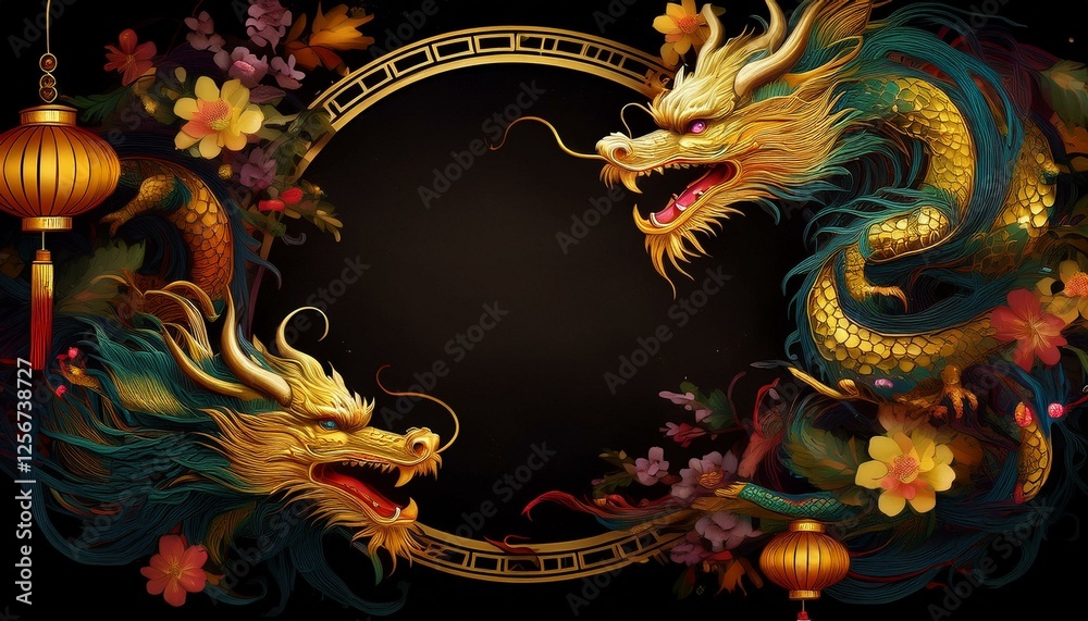 Obraz premium elegant dragon border frame with floral design with copy space for text graphic resource 