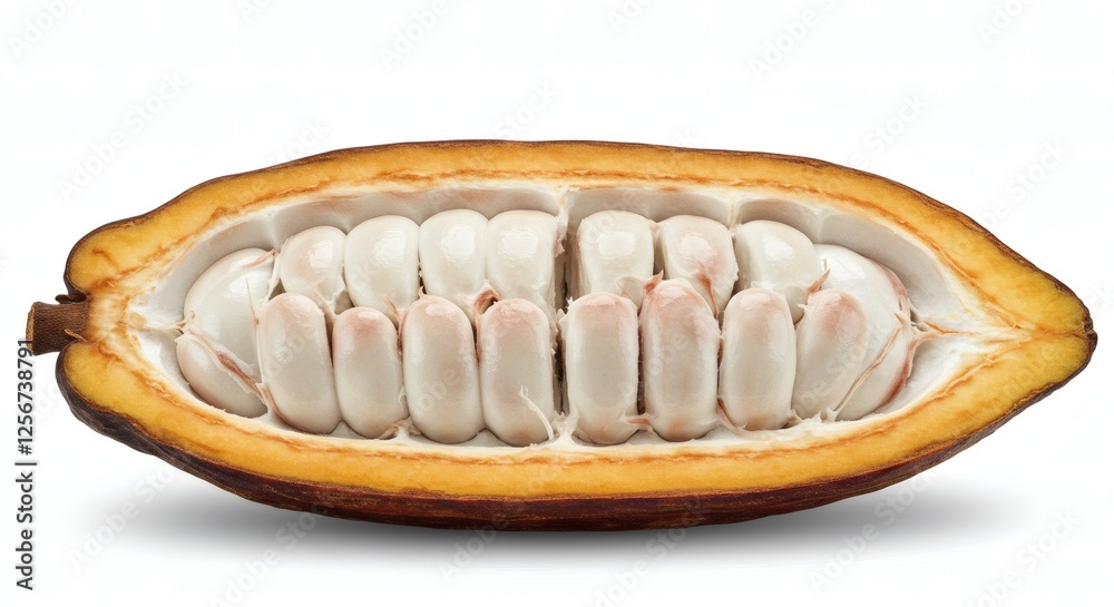 Close-Up of Split Cacao Pod Revealing White Pulpy Seeds Inside Close-Up of Split Cacao Pod Revealing White Pulpy Seeds Inside