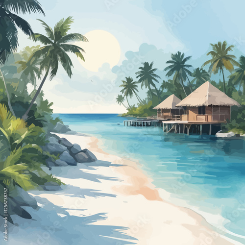 Watercolor painting of an exotic beach resort with overwater bungalows, lush greenery, and calm ocean waves. A dreamy vacation-inspired illustration.