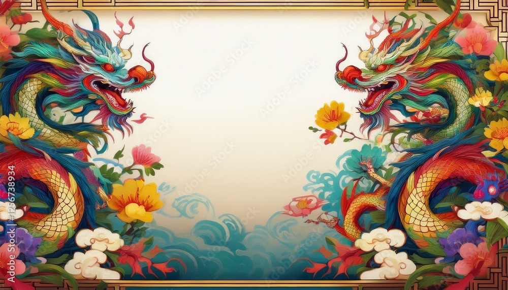 Fototapeta premium elegant dragon border frame with floral design with copy space for text graphic resource 