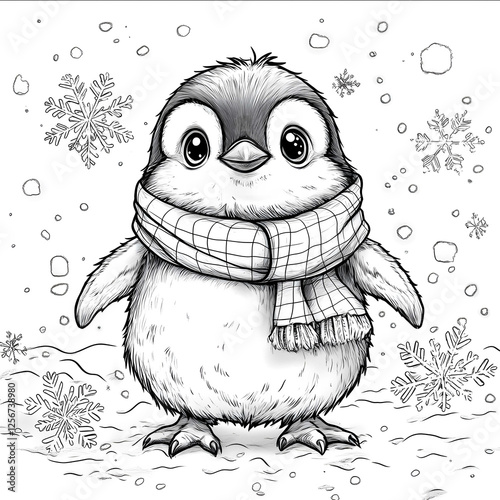 kawaii kawaii kawaii simple design for kids bold and easy coloring book page cute no grayscale A penguin standing upright wearing a simple striped scarf surrou