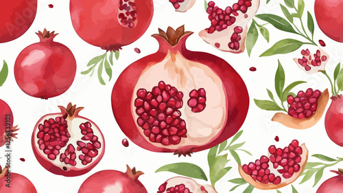 Watercolor illustration of juicy pomegranates with fresh leaves. A vibrant and artistic fruit pattern ideal for branding, packaging, and decorative prints.