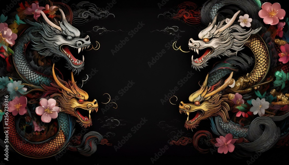 Obraz premium elegant dragon border frame with floral design with copy space for text graphic resource