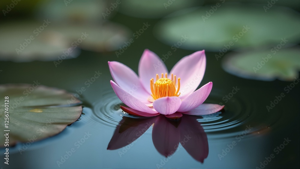 Delicate orchid petal floating on a serene pond with water lilies and reflections Delicate orchid petal floating on a serene pond with water lilies and reflections