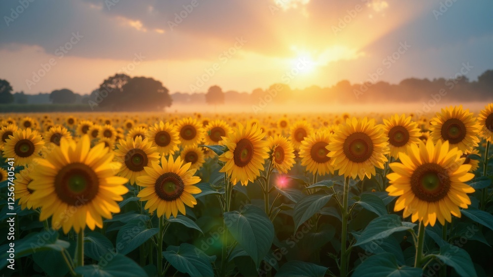 Obraz premium Sunflowers in a misty field, illuminated by morning sunlight and colorful rays.