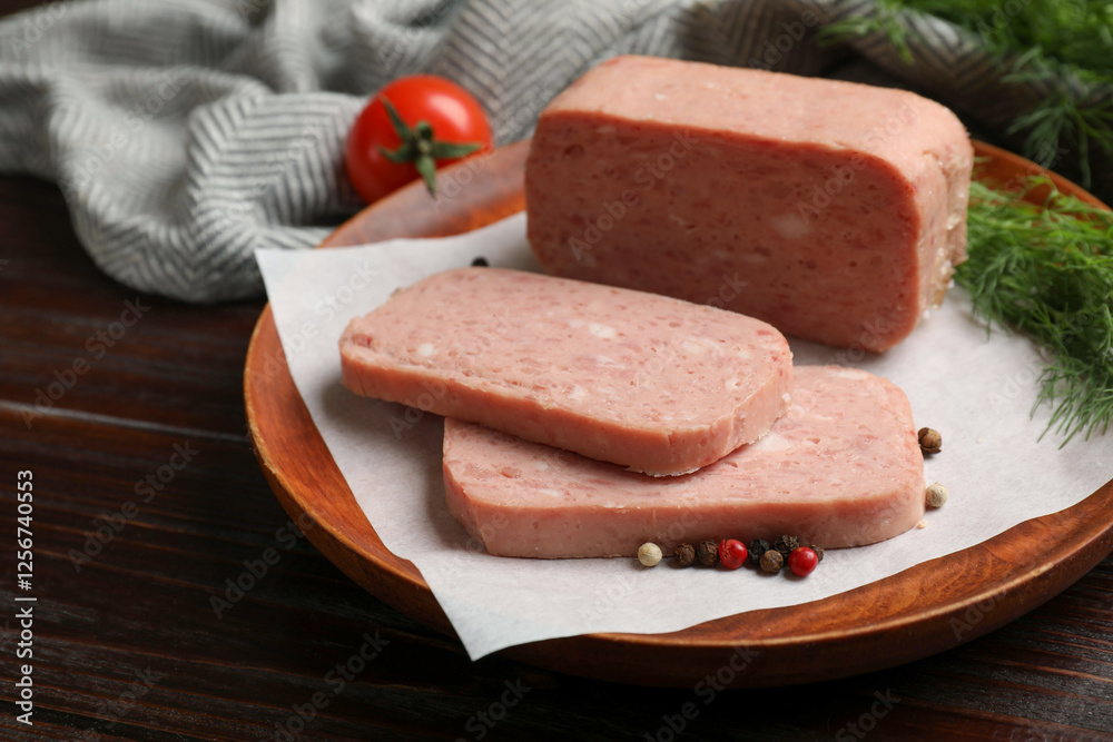 Pieces of tasty canned meat and peppercorns on wooden table, closeup Pieces of tasty canned meat and peppercorns on wooden table, closeup