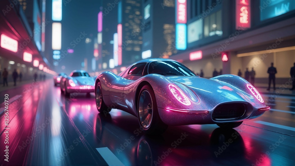 Fototapeta premium A convoy of sleek, aerodynamic cars cruise above the city in a neon-lit night scene.