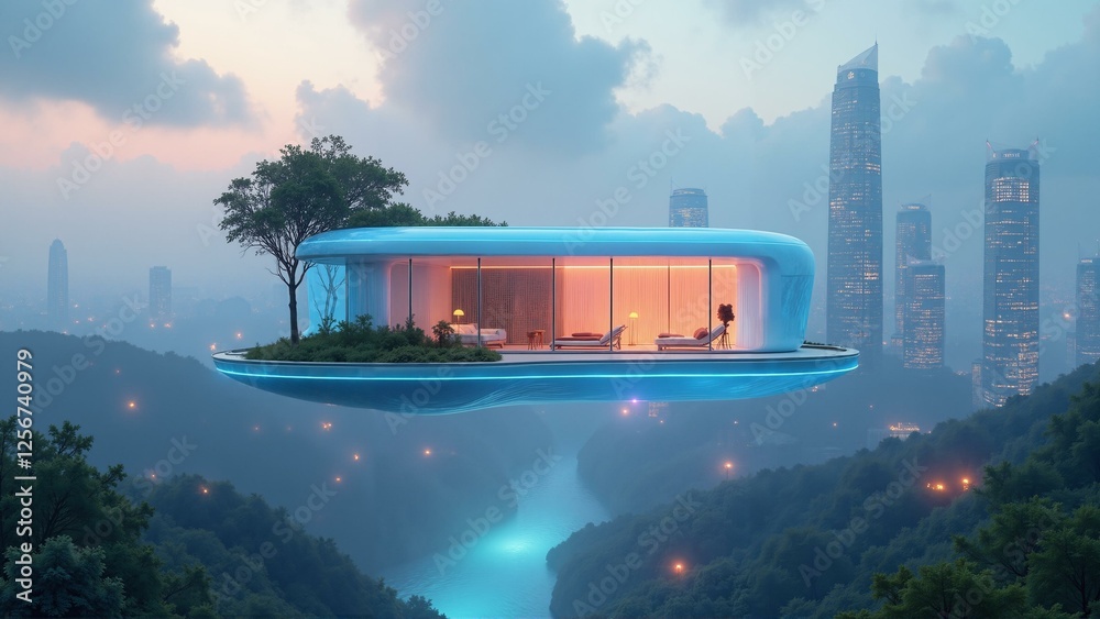 A serene floating home amidst iridescent skyscrapers, levitating gardens, and soft blue glow. A serene floating home amidst iridescent skyscrapers, levitating gardens, and soft blue glow.