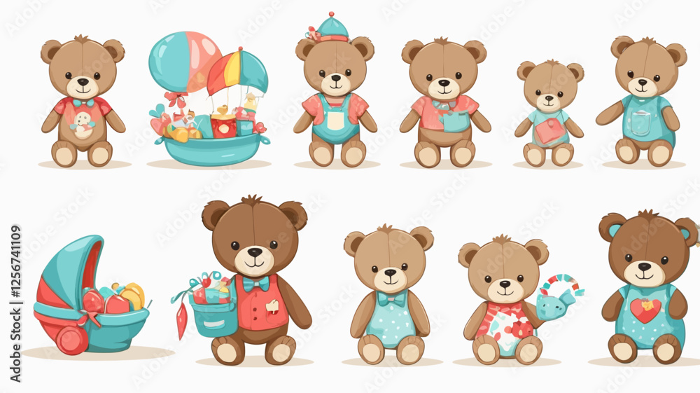 A collection of cute teddy bear characters in different playful outfits and poses. A perfect illustration set for children’s design, digital stickers, and gift packaging. A collection of cute teddy bear characters in different playful outfits and poses. A perfect illustration set for children’s design, digital stickers, and gift packaging.