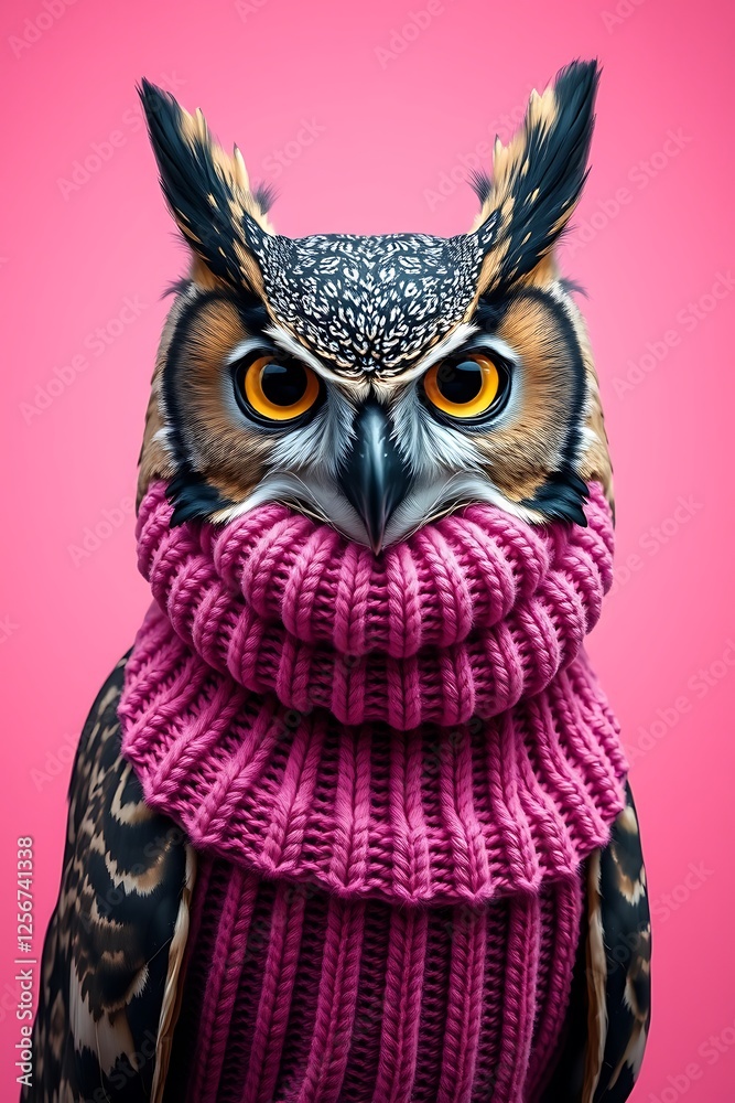 Obraz premium Owl Wearing Pink Scarf on Pink Background for Animal Fashion