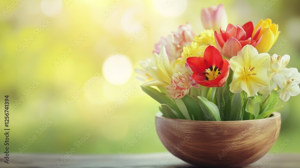 Spring Equinox: A close-up of vibrant spring flowers arranged in a wooden bowl, soft sunlight illuminating the scene, blurred pastel green and yellow background, fresh and serene atmospher