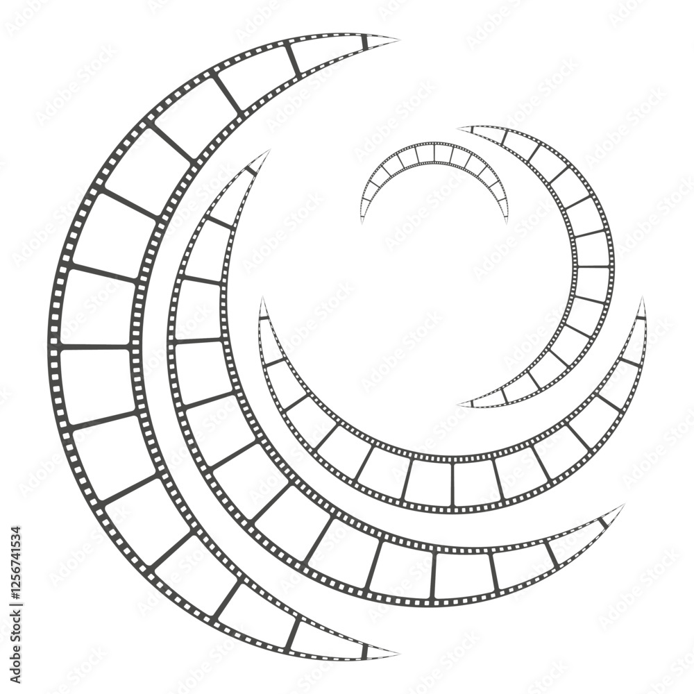 Fototapeta premium Filmstrip spiral design. Curved film shapes. Cinematic concept element. Black and white vector.